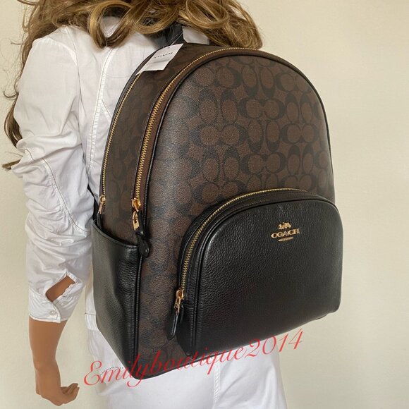 NWT Coach 6495 Large Court Backpack In Signature Canvas Brown Black Leather Bag - Picture 6 of 11